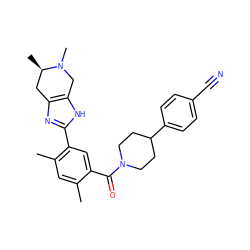 Cc1cc(C)c(-c2nc3c([nH]2)CN(C)[C@H](C)C3)cc1C(=O)N1CCC(c2ccc(C#N)cc2)CC1 ZINC000150205187