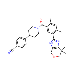 Cc1cc(C)c(-c2nc3c([nH]2)COCC3(C)C)cc1C(=O)N1CCC(c2ccc(C#N)cc2)CC1 ZINC000150194339