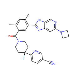 Cc1cc(C)c(-c2nc3cc(N4CCC4)ncc3[nH]2)cc1C(=O)N1CCC(F)(c2ccc(C#N)cn2)CC1 ZINC000143545605