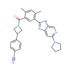 Cc1cc(C)c(-c2nc3cc(N4CCCC4)ncc3[nH]2)cc1C(=O)N1CC(c2ccc(C#N)cc2)C1 ZINC000217875439