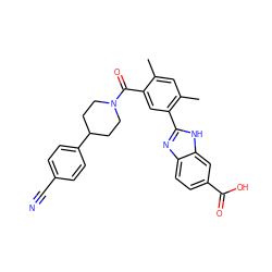 Cc1cc(C)c(-c2nc3ccc(C(=O)O)cc3[nH]2)cc1C(=O)N1CCC(c2ccc(C#N)cc2)CC1 ZINC000205767616