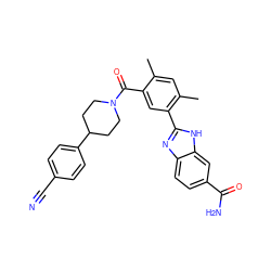 Cc1cc(C)c(-c2nc3ccc(C(N)=O)cc3[nH]2)cc1C(=O)N1CCC(c2ccc(C#N)cc2)CC1 ZINC000205767497