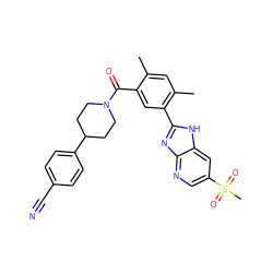 Cc1cc(C)c(-c2nc3ncc(S(C)(=O)=O)cc3[nH]2)cc1C(=O)N1CCC(c2ccc(C#N)cc2)CC1 ZINC000095582457