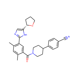 Cc1cc(C)c(-c2ncc([C@@H]3CCCO3)[nH]2)cc1C(=O)N1CCC(c2ccc(C#N)cc2)CC1 ZINC000150315645