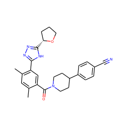 Cc1cc(C)c(-c2nnc([C@@H]3CCCO3)[nH]2)cc1C(=O)N1CCC(c2ccc(C#N)cc2)CC1 ZINC000149982457