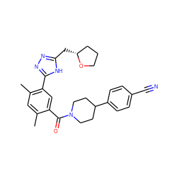 Cc1cc(C)c(-c2nnc(C[C@@H]3CCCO3)[nH]2)cc1C(=O)N1CCC(c2ccc(C#N)cc2)CC1 ZINC000150168100