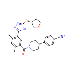 Cc1cc(C)c(-c2nnc(O[C@@H]3CCOC3)[nH]2)cc1C(=O)N1CCC(c2ccc(C#N)cc2)CC1 ZINC000150249040