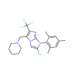 Cc1cc(C)c(-n2c(Cl)cn3c(CN4CCCCC4)c(C(F)(F)F)nc23)c(C)c1 ZINC000049035474