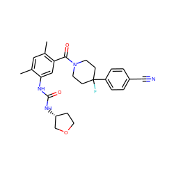 Cc1cc(C)c(C(=O)N2CCC(F)(c3ccc(C#N)cc3)CC2)cc1NC(=O)N[C@@H]1CCOC1 ZINC000150062958