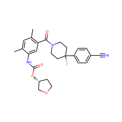 Cc1cc(C)c(C(=O)N2CCC(F)(c3ccc(C#N)cc3)CC2)cc1NC(=O)O[C@@H]1CCOC1 ZINC000143550064