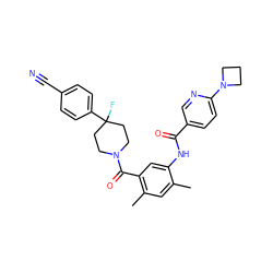 Cc1cc(C)c(C(=O)N2CCC(F)(c3ccc(C#N)cc3)CC2)cc1NC(=O)c1ccc(N2CCC2)nc1 ZINC000149989782