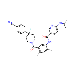 Cc1cc(C)c(C(=O)N2CCC(F)(c3ccc(C#N)cc3)CC2)cc1NC(=O)c1ccc(NC(C)C)nc1 ZINC000150212261