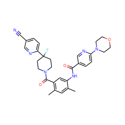 Cc1cc(C)c(C(=O)N2CCC(F)(c3ccc(C#N)cn3)CC2)cc1NC(=O)c1ccc(N2CCOCC2)nc1 ZINC000143599391