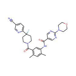 Cc1cc(C)c(C(=O)N2CCC(F)(c3ccc(C#N)cn3)CC2)cc1NC(=O)c1cnc(N2CCOCC2)nc1 ZINC000150203169