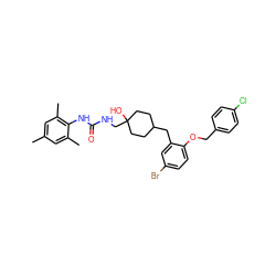 Cc1cc(C)c(NC(=O)NCC2(O)CCC(Cc3cc(Br)ccc3OCc3ccc(Cl)cc3)CC2)c(C)c1 ZINC000103193325