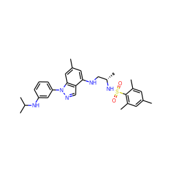 Cc1cc(C)c(S(=O)(=O)N[C@@H](C)CNc2cc(C)cc3c2cnn3-c2cccc(NC(C)C)c2)c(C)c1 ZINC000066156695