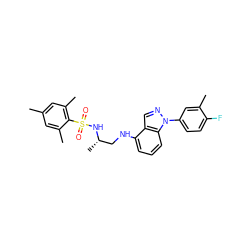 Cc1cc(C)c(S(=O)(=O)N[C@@H](C)CNc2cccc3c2cnn3-c2ccc(F)c(C)c2)c(C)c1 ZINC000137417293