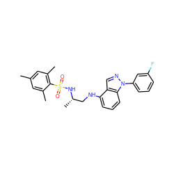 Cc1cc(C)c(S(=O)(=O)N[C@@H](C)CNc2cccc3c2cnn3-c2cccc(F)c2)c(C)c1 ZINC000137413700