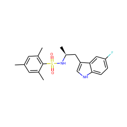 Cc1cc(C)c(S(=O)(=O)N[C@@H](C)Cc2c[nH]c3ccc(F)cc23)c(C)c1 ZINC000028820785