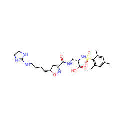 Cc1cc(C)c(S(=O)(=O)N[C@@H](CNC(=O)C2=NO[C@@H](CCCCNC3=NCCN3)C2)C(=O)O)c(C)c1 ZINC000013803550