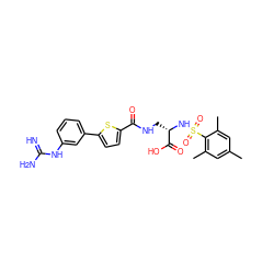 Cc1cc(C)c(S(=O)(=O)N[C@@H](CNC(=O)c2ccc(-c3cccc(NC(=N)N)c3)s2)C(=O)O)c(C)c1 ZINC000001549904