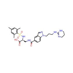 Cc1cc(C)c(S(=O)(=O)N[C@@H](CNC(=O)c2ccc3c(cnn3CCCNC3=NCCCN3)c2)C(=O)O)c(C)c1 ZINC000005493651