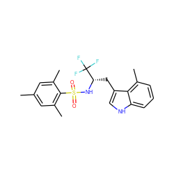 Cc1cc(C)c(S(=O)(=O)N[C@@H](Cc2c[nH]c3cccc(C)c23)C(F)(F)F)c(C)c1 ZINC000035997718