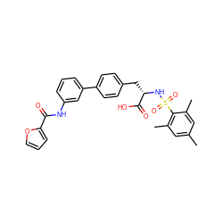 Cc1cc(C)c(S(=O)(=O)N[C@@H](Cc2ccc(-c3cccc(NC(=O)c4ccco4)c3)cc2)C(=O)O)c(C)c1 ZINC000028957952