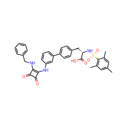 Cc1cc(C)c(S(=O)(=O)N[C@@H](Cc2ccc(-c3cccc(Nc4c(NCc5ccccc5)c(=O)c4=O)c3)cc2)C(=O)O)c(C)c1 ZINC000101151705