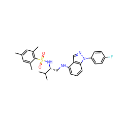 Cc1cc(C)c(S(=O)(=O)N[C@H](CNc2cccc3c2cnn3-c2ccc(F)cc2)C(C)C)c(C)c1 ZINC000137426821