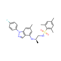 Cc1cc(C)c(S(=O)(=O)NC[C@@H](C)Nc2cc(C)cc3c2cnn3-c2ccc(F)cc2)c(C)c1 ZINC000066077310