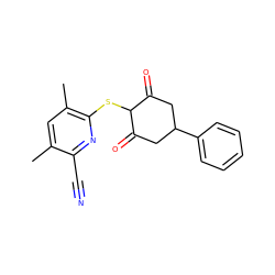 Cc1cc(C)c(SC2C(=O)CC(c3ccccc3)CC2=O)nc1C#N ZINC000299830422