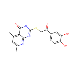 Cc1cc(C)c2c(=O)[nH]c(SCC(=O)c3ccc(O)c(O)c3)nc2n1 ZINC000008572927