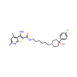 Cc1cc(C)c2c(N)c(C(=O)NCCCCCCN3CCC(O)(c4ccc(Cl)cc4)CC3)sc2n1 ZINC000169331853