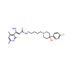 Cc1cc(C)c2c(N)c(C(=O)NCCCCCN3CCC(O)(c4ccc(Cl)cc4)CC3)sc2n1 ZINC000169331851