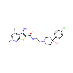 Cc1cc(C)c2c(N)c(C(=O)NCCN3CCC(O)(c4ccc(Cl)cc4)CC3)sc2n1 ZINC000169327104