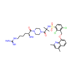 Cc1cc(C)c2cccc(OCc3c(Cl)ccc(S(=O)(=O)NC(C)(C)C(=O)N4CCN(C(=O)[C@@H](N)CCCCNC(=N)N)CC4)c3Cl)c2n1 ZINC000049778219