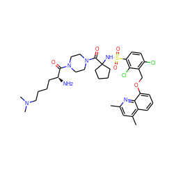 Cc1cc(C)c2cccc(OCc3c(Cl)ccc(S(=O)(=O)NC4(C(=O)N5CCN(C(=O)[C@@H](N)CCCCN(C)C)CC5)CCCC4)c3Cl)c2n1 ZINC000095540273