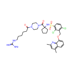 Cc1cc(C)c2cccc(OCc3c(Cl)ccc(S(=O)(=O)NC4(C(=O)N5CCN(C(=O)CCCCCNC(=N)N)CC5)CCCC4)c3Cl)c2n1 ZINC000095606987