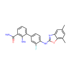 Cc1cc(C)c2oc(Nc3ccc(-c4cccc(C(N)=O)c4N)cc3F)nc2c1 ZINC000063298549