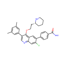 Cc1cc(C)cc(-c2cnc3cc(Cl)c(-c4ccc(C(N)=O)cc4)cc3c2OCC[C@H]2CCCCN2)c1 ZINC000071296742