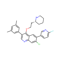 Cc1cc(C)cc(-c2cnc3cc(Cl)c(-c4ccc(F)nc4)cc3c2OCC[C@H]2CCCCN2)c1 ZINC000071296707