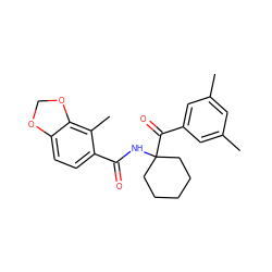 Cc1cc(C)cc(C(=O)C2(NC(=O)c3ccc4c(c3C)OCO4)CCCCC2)c1 ZINC000013490033