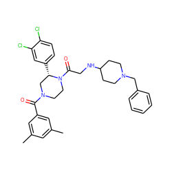 Cc1cc(C)cc(C(=O)N2CCN(C(=O)CNC3CCN(Cc4ccccc4)CC3)[C@@H](c3ccc(Cl)c(Cl)c3)C2)c1 ZINC000003994922