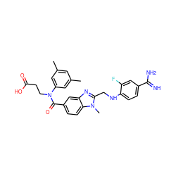 Cc1cc(C)cc(N(CCC(=O)O)C(=O)c2ccc3c(c2)nc(CNc2ccc(C(=N)N)cc2F)n3C)c1 ZINC001772617161