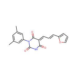 Cc1cc(C)cc(N2C(=O)NC(=O)/C(=C\C=C\c3ccco3)C2=O)c1 ZINC000000448957