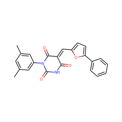 Cc1cc(C)cc(N2C(=O)NC(=O)/C(=C\c3ccc(-c4ccccc4)o3)C2=O)c1 ZINC000001153880