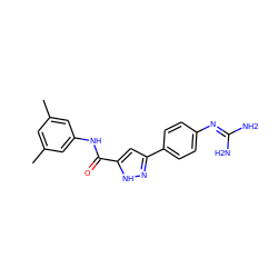 Cc1cc(C)cc(NC(=O)c2cc(-c3ccc(N=C(N)N)cc3)n[nH]2)c1 ZINC000222124968