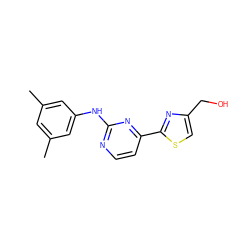 Cc1cc(C)cc(Nc2nccc(-c3nc(CO)cs3)n2)c1 ZINC000006716290