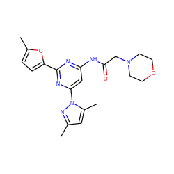 Cc1cc(C)n(-c2cc(NC(=O)CN3CCOCC3)nc(-c3ccc(C)o3)n2)n1 ZINC000014975546